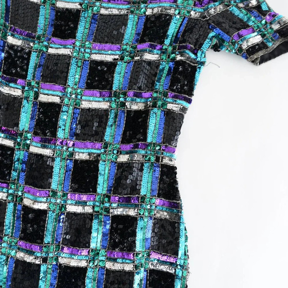 Leslie Fay Black w Purple Teal Sequin Evenings Short Sleeve Shift  Midi Dress 8 - Picture 8 of 13
